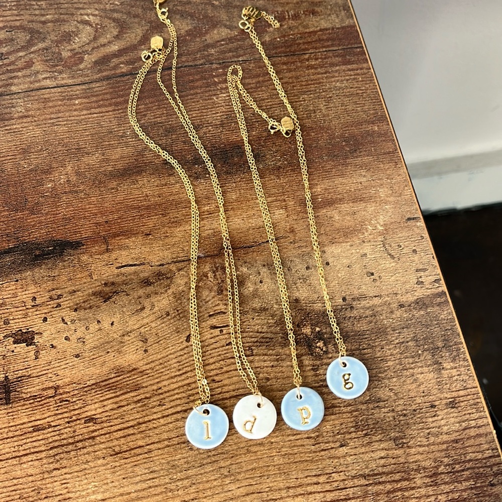 Susan Gordon initial pottery charm necklace